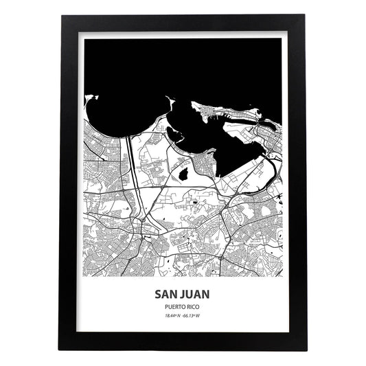 Poster con mapa de San Juan - Puerto Rico. Láminas de ciudades de Latinoamérica con mares y ríos en color negro.-Artwork-Nacnic-A4-Marco Negro-Nacnic Estudio SL