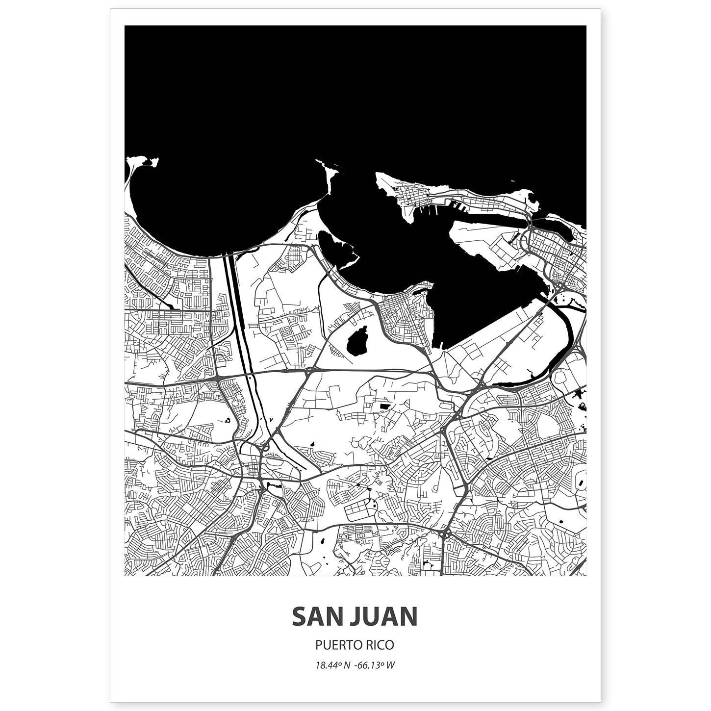 Poster con mapa de San Juan - Puerto Rico. Láminas de ciudades de Latinoamérica con mares y ríos en color negro.-Artwork-Nacnic-A4-Sin marco-Nacnic Estudio SL