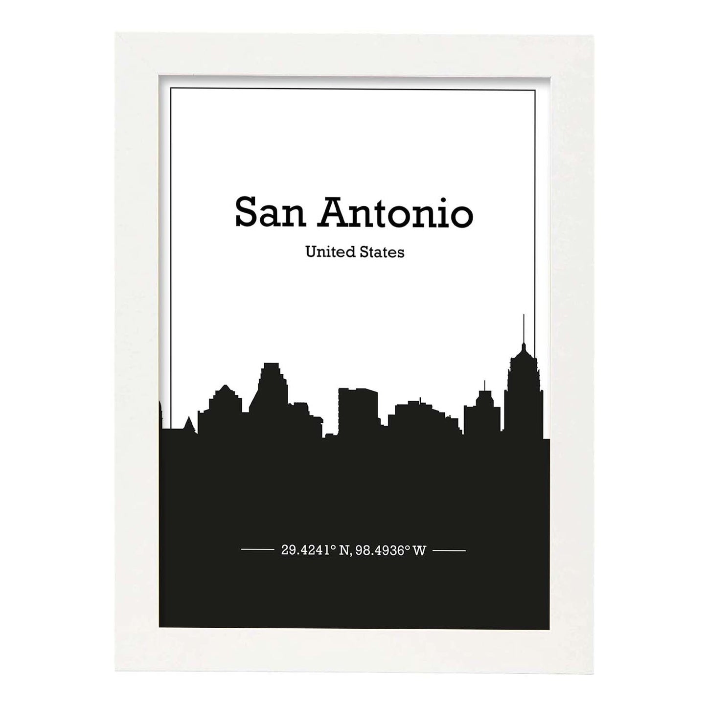 Poster con mapa de Sanantonio - USA. Láminas con Skyline de ciudades de Estados Unidos, Canada, Mexico con sombra negra.-Artwork-Nacnic-A3-Marco Blanco-Nacnic Estudio SL