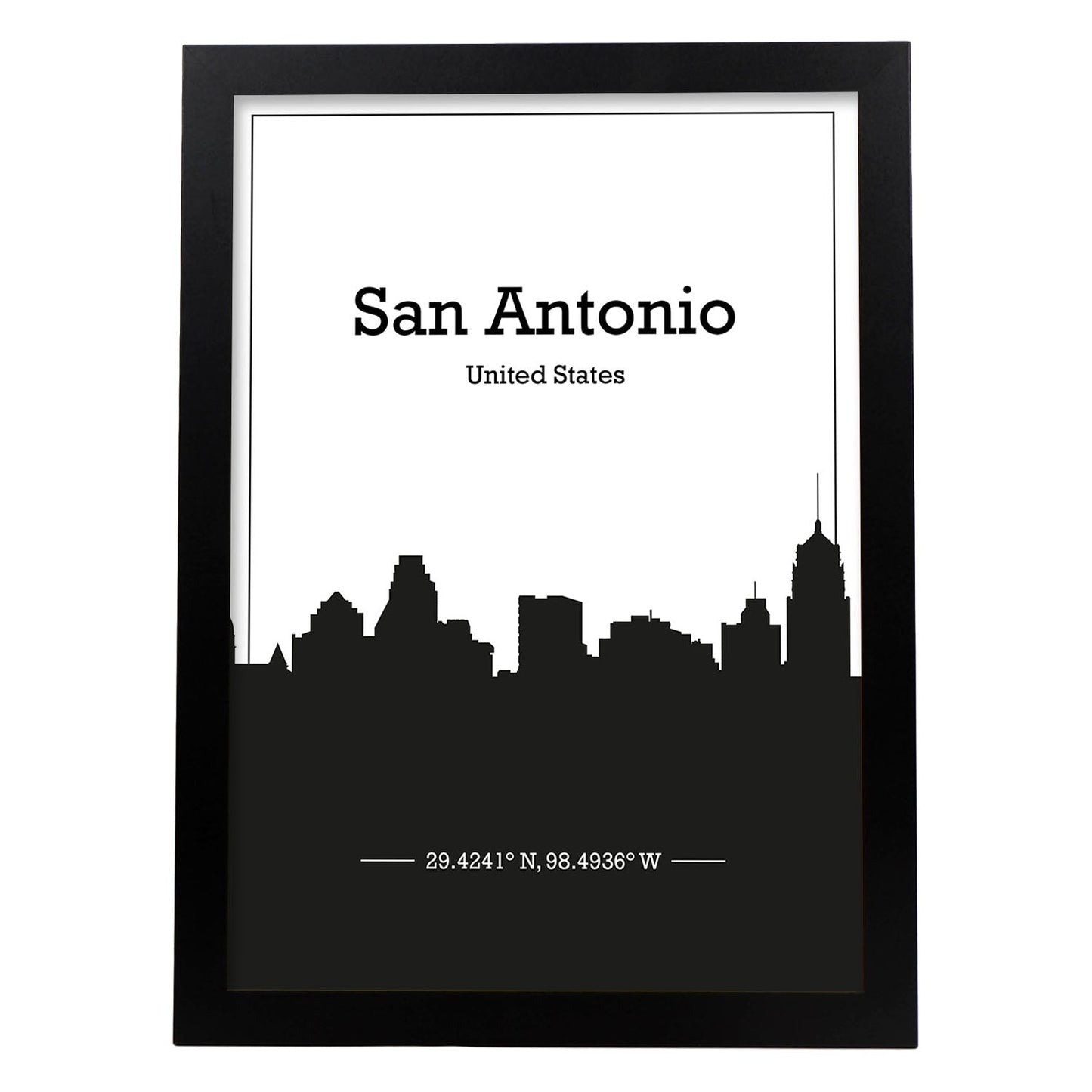 Poster con mapa de Sanantonio - USA. Láminas con Skyline de ciudades de Estados Unidos, Canada, Mexico con sombra negra.-Artwork-Nacnic-A3-Marco Negro-Nacnic Estudio SL
