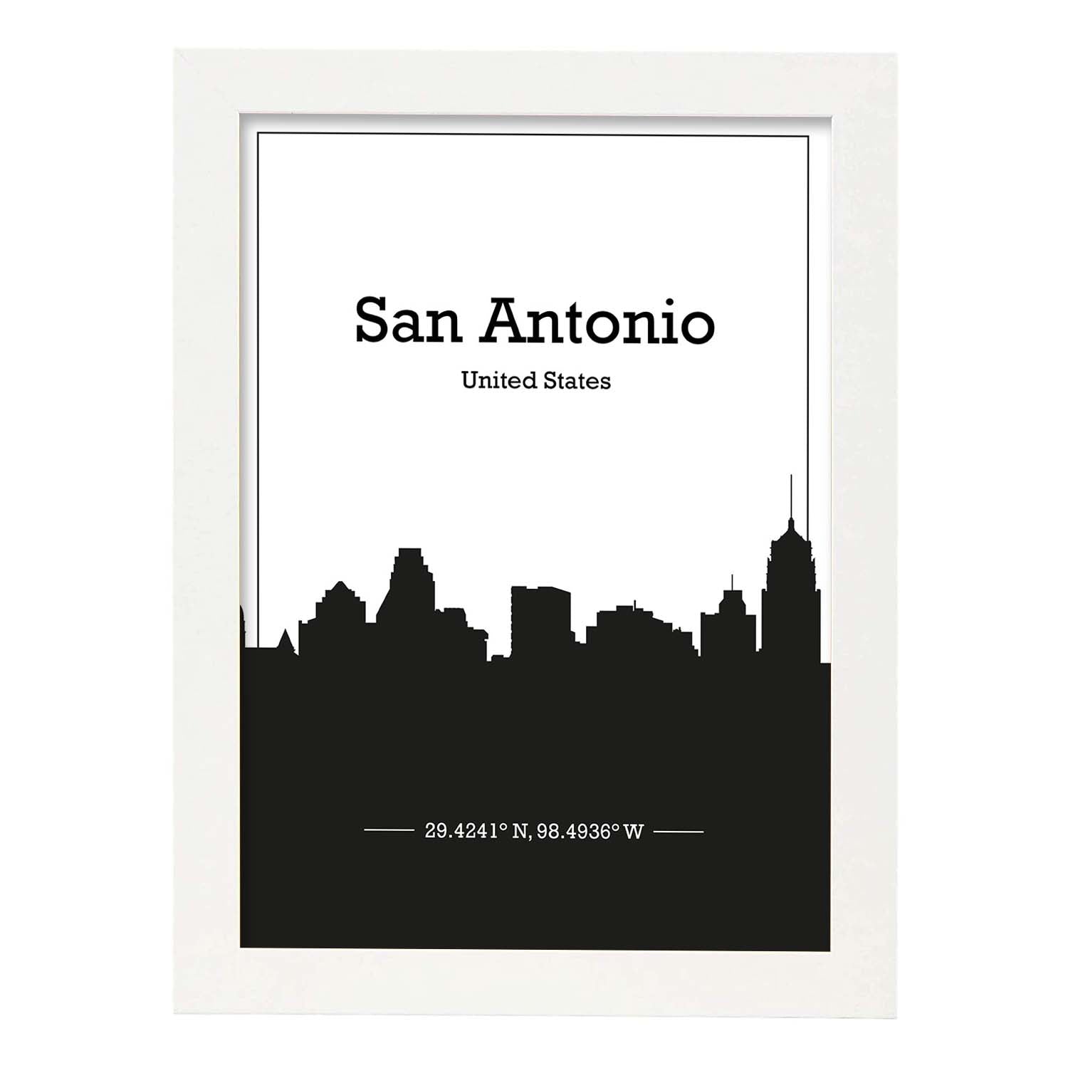 Poster con mapa de Sanantonio - USA. Láminas con Skyline de ciudades de Estados Unidos, Canada, Mexico con sombra negra.-Artwork-Nacnic-A4-Marco Blanco-Nacnic Estudio SL