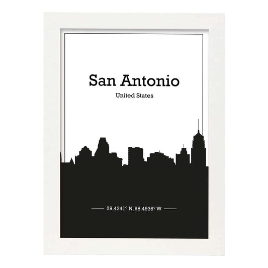 Poster con mapa de Sanantonio - USA. Láminas con Skyline de ciudades de Estados Unidos, Canada, Mexico con sombra negra.-Artwork-Nacnic-A4-Marco Blanco-Nacnic Estudio SL