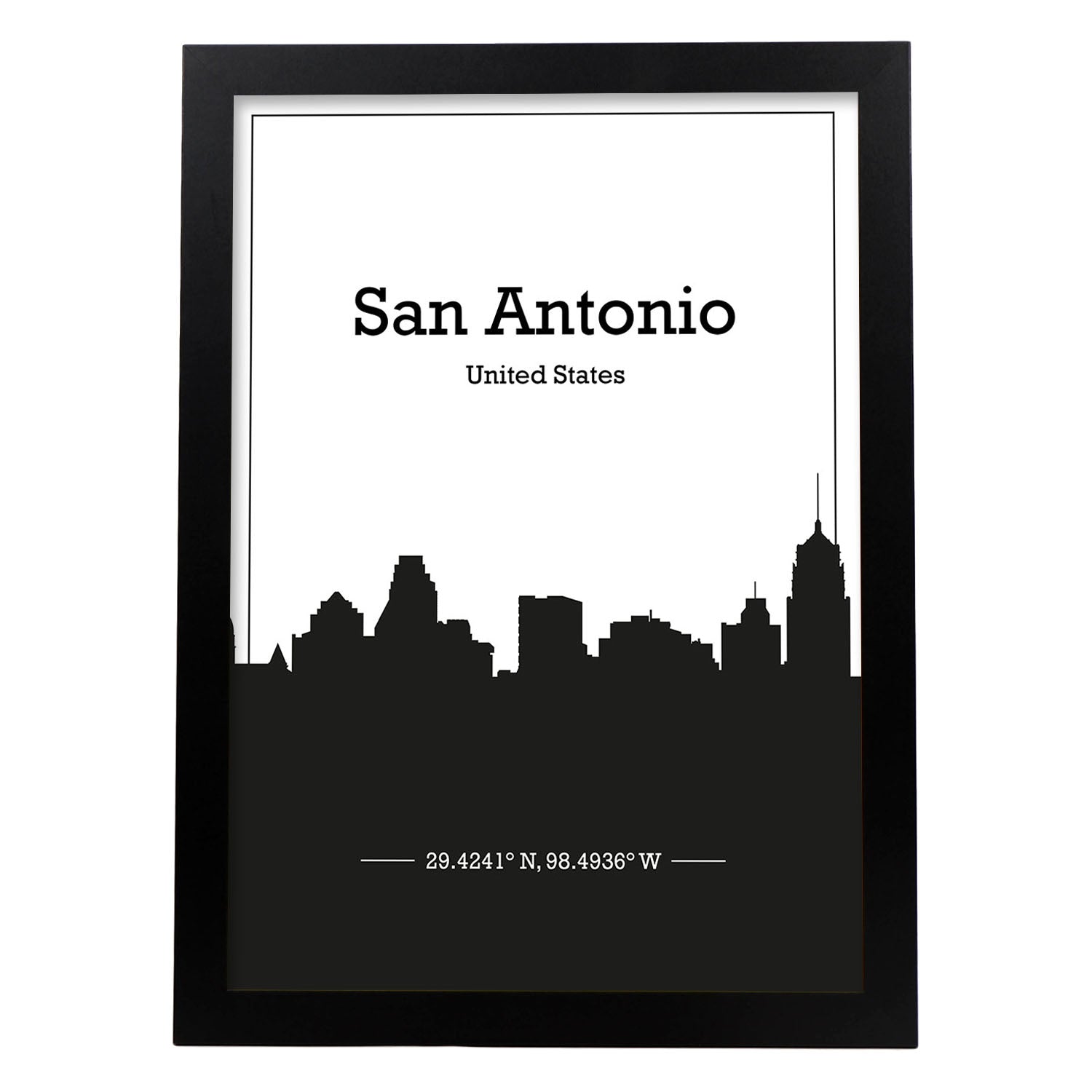 Poster con mapa de Sanantonio - USA. Láminas con Skyline de ciudades de Estados Unidos, Canada, Mexico con sombra negra.-Artwork-Nacnic-A4-Marco Negro-Nacnic Estudio SL