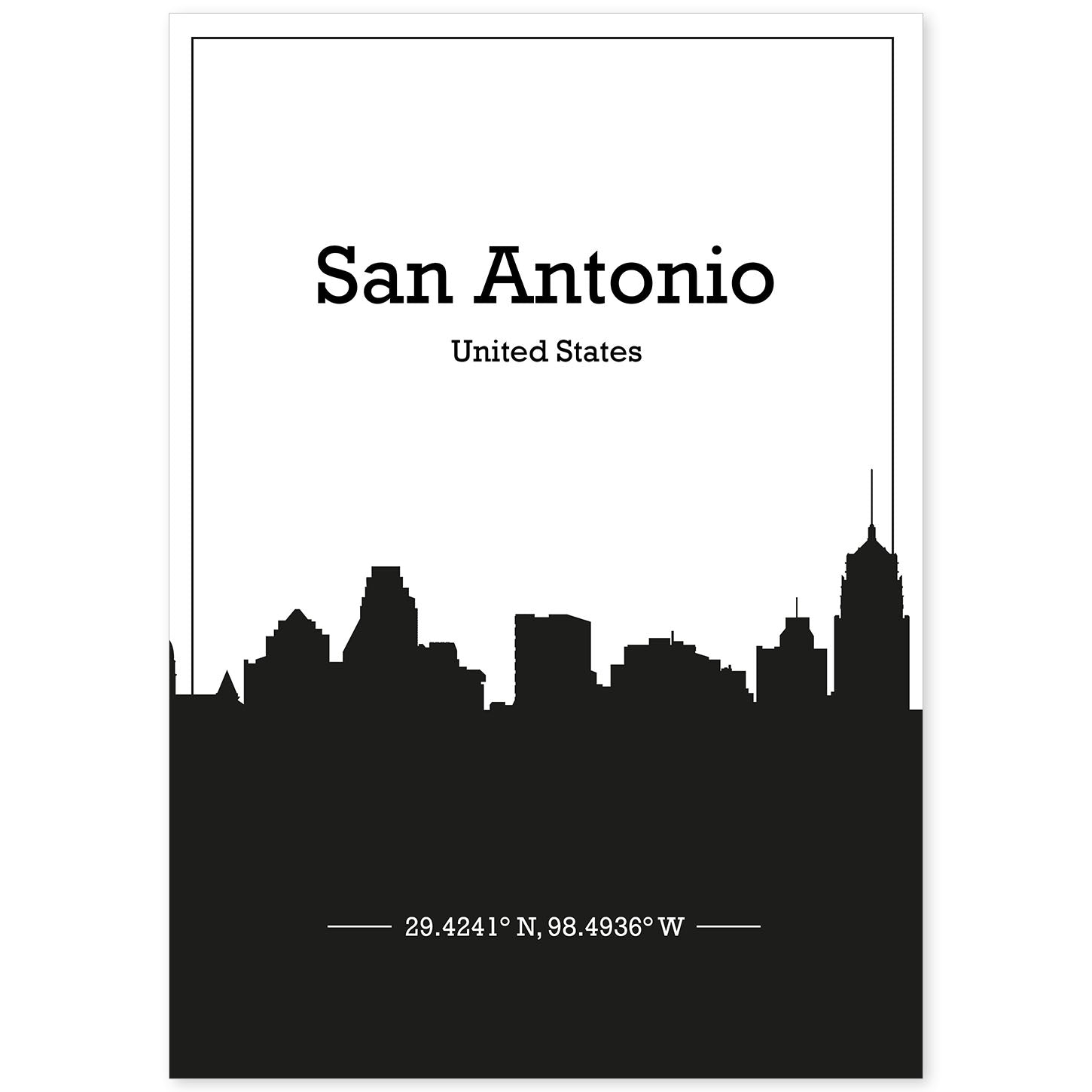 Poster con mapa de Sanantonio - USA. Láminas con Skyline de ciudades de Estados Unidos, Canada, Mexico con sombra negra.-Artwork-Nacnic-A4-Sin marco-Nacnic Estudio SL