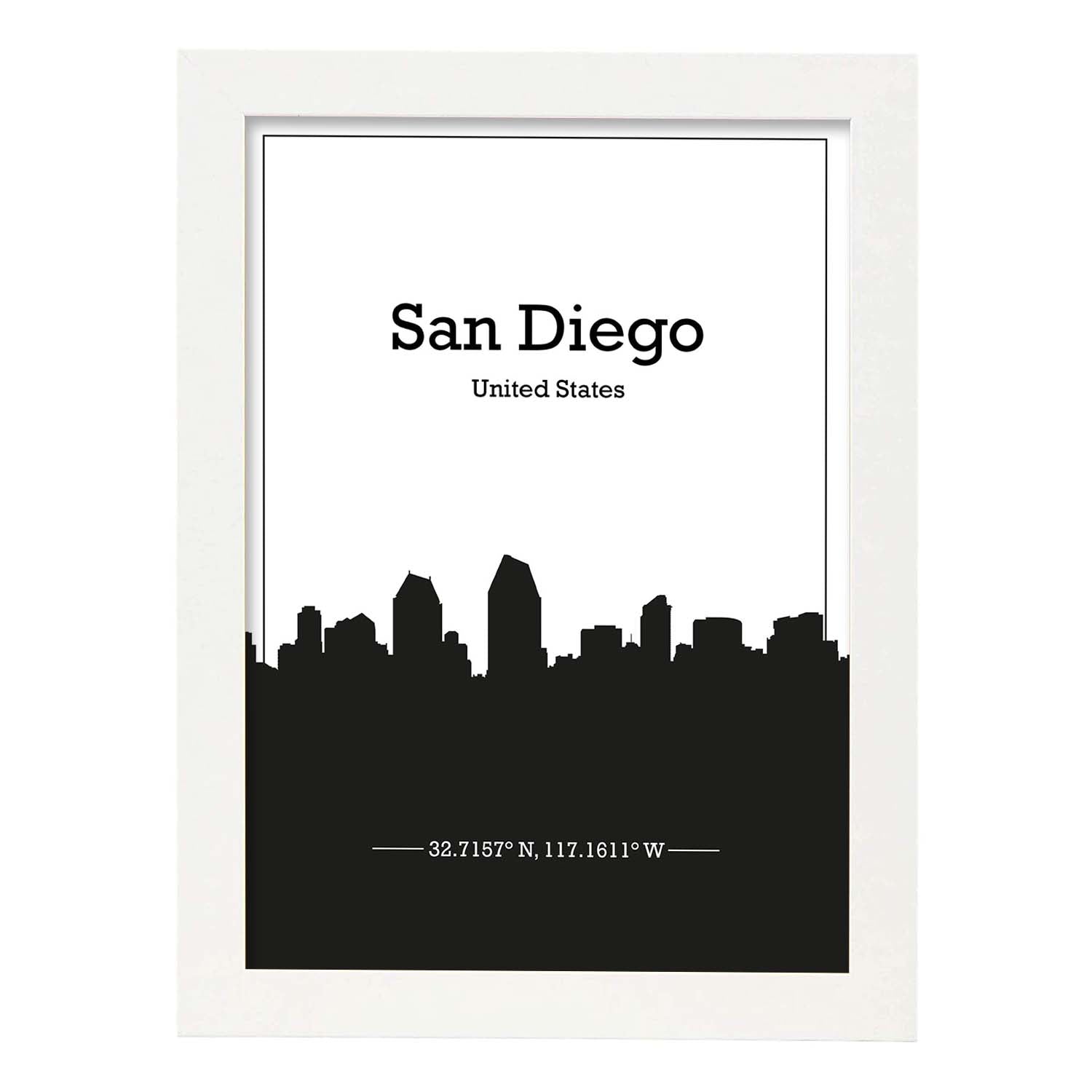Poster con mapa de Sandiego - USA. Láminas con Skyline de ciudades de Estados Unidos, Canada, Mexico con sombra negra.-Artwork-Nacnic-A3-Marco Blanco-Nacnic Estudio SL