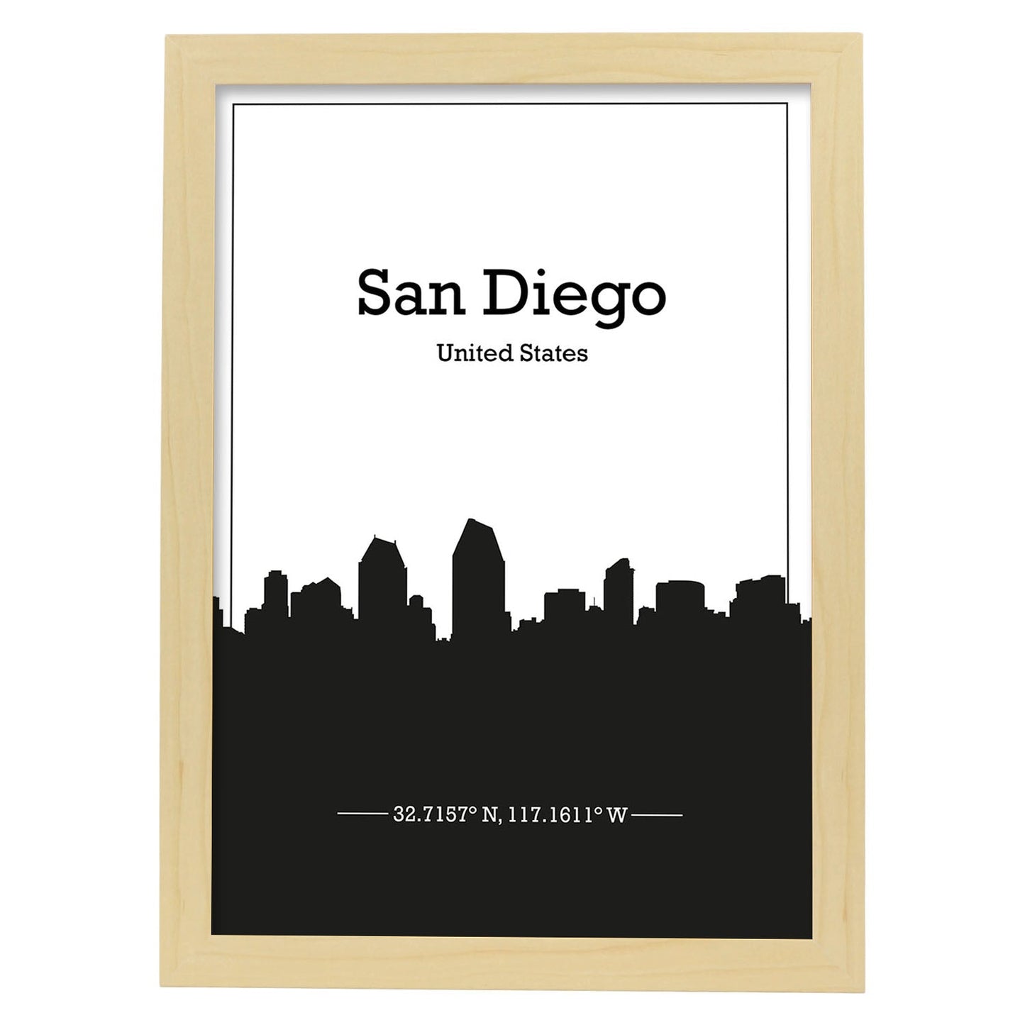 Poster con mapa de Sandiego - USA. Láminas con Skyline de ciudades de Estados Unidos, Canada, Mexico con sombra negra.-Artwork-Nacnic-A3-Marco Madera clara-Nacnic Estudio SL