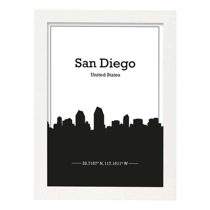 Poster con mapa de Sandiego - USA. Láminas con Skyline de ciudades de Estados Unidos, Canada, Mexico con sombra negra.-Artwork-Nacnic-A4-Marco Blanco-Nacnic Estudio SL