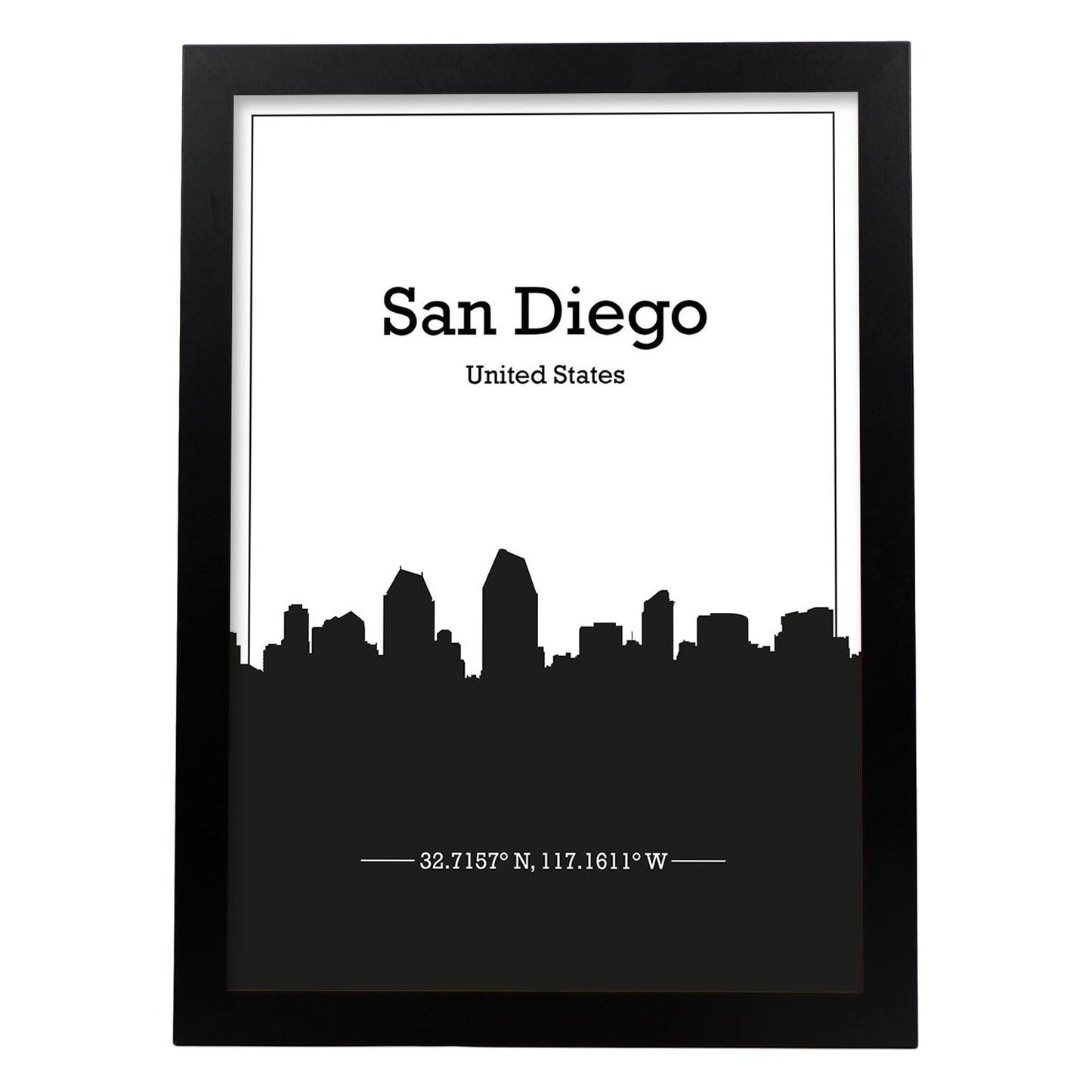 Poster con mapa de Sandiego - USA. Láminas con Skyline de ciudades de Estados Unidos, Canada, Mexico con sombra negra.-Artwork-Nacnic-A4-Marco Negro-Nacnic Estudio SL