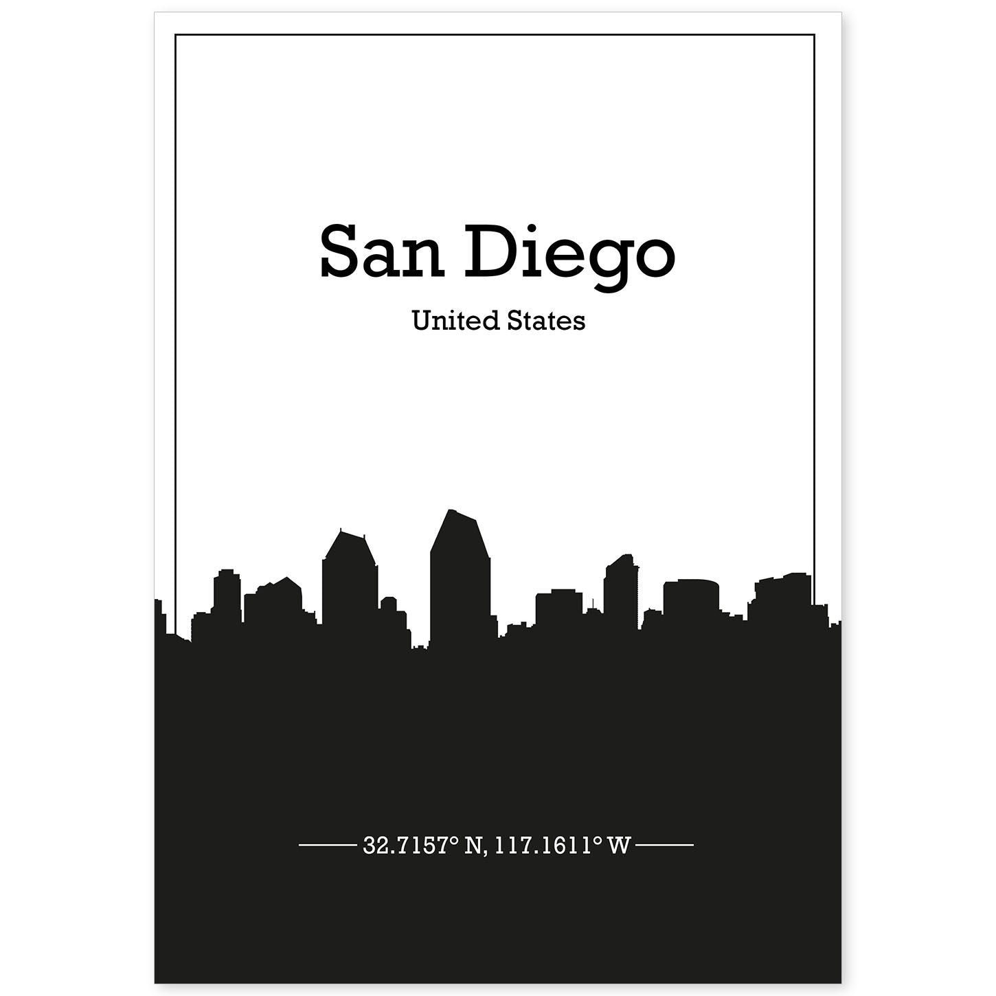 Poster con mapa de Sandiego - USA. Láminas con Skyline de ciudades de Estados Unidos, Canada, Mexico con sombra negra.-Artwork-Nacnic-A4-Sin marco-Nacnic Estudio SL