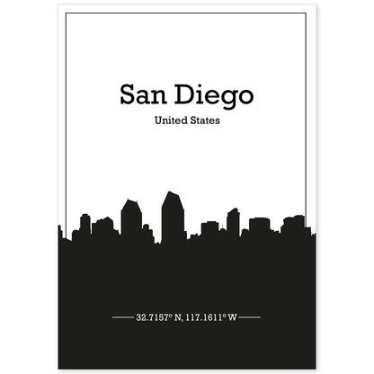 Poster con mapa de Sandiego - USA. Láminas con Skyline de ciudades de Estados Unidos, Canada, Mexico con sombra negra.-Artwork-Nacnic-A4-Sin marco-Nacnic Estudio SL