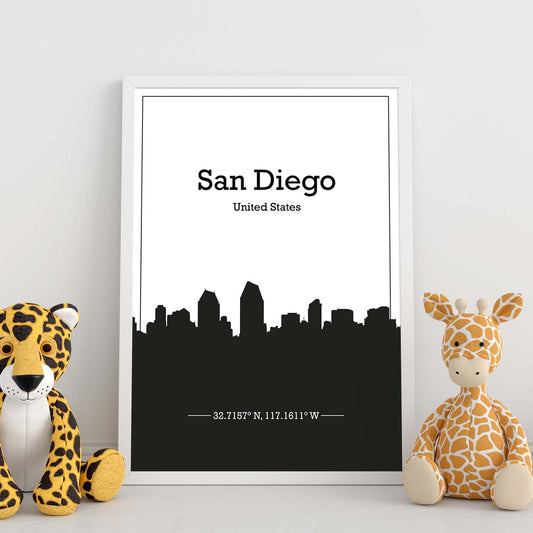 Poster con mapa de Sandiego - USA. Láminas con Skyline de ciudades de Estados Unidos, Canada, Mexico con sombra negra.-Artwork-Nacnic-Nacnic Estudio SL