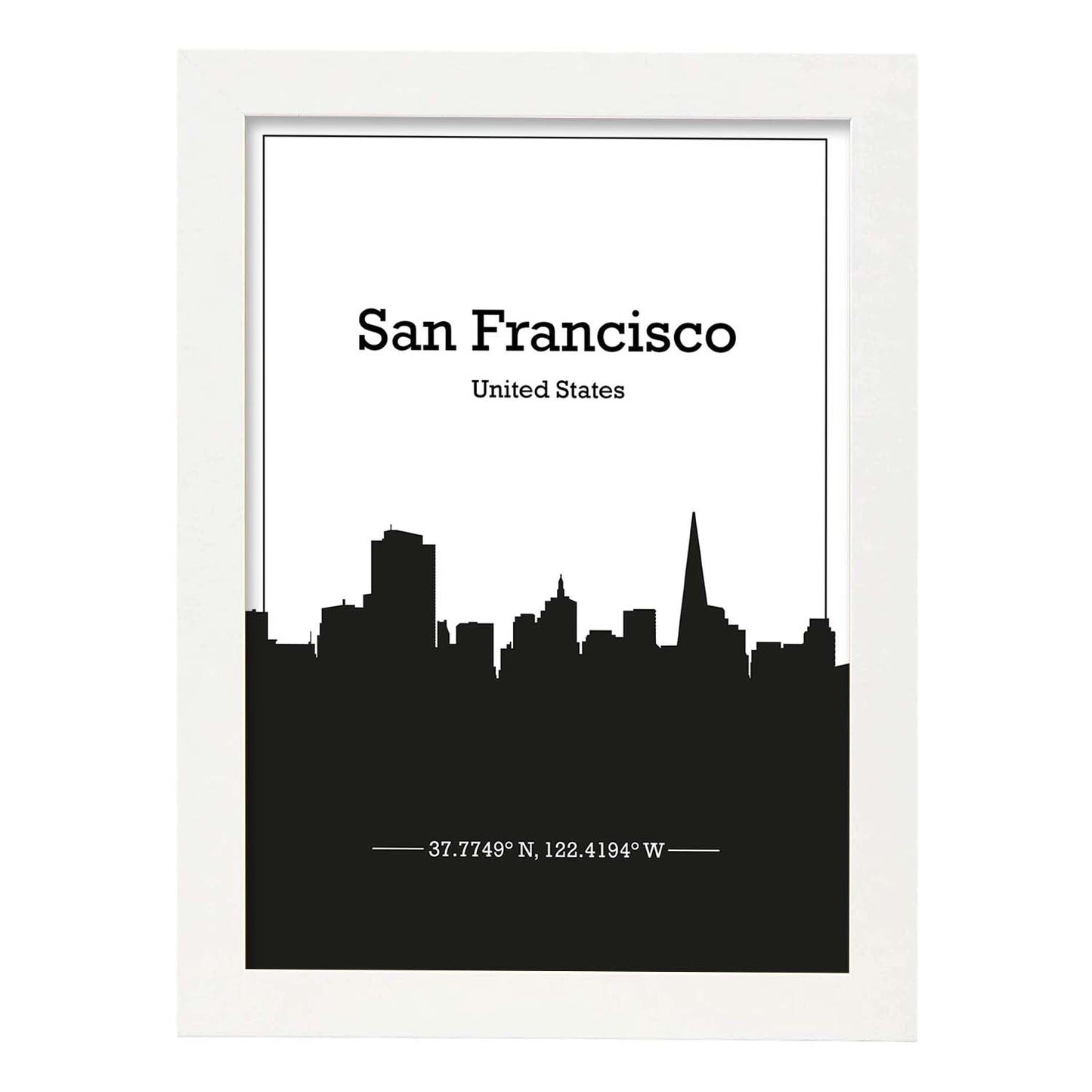 Poster con mapa de Sanfrancisco - USA. Láminas con Skyline de ciudades de Estados Unidos, Canada, Mexico con sombra negra.-Artwork-Nacnic-A3-Marco Blanco-Nacnic Estudio SL