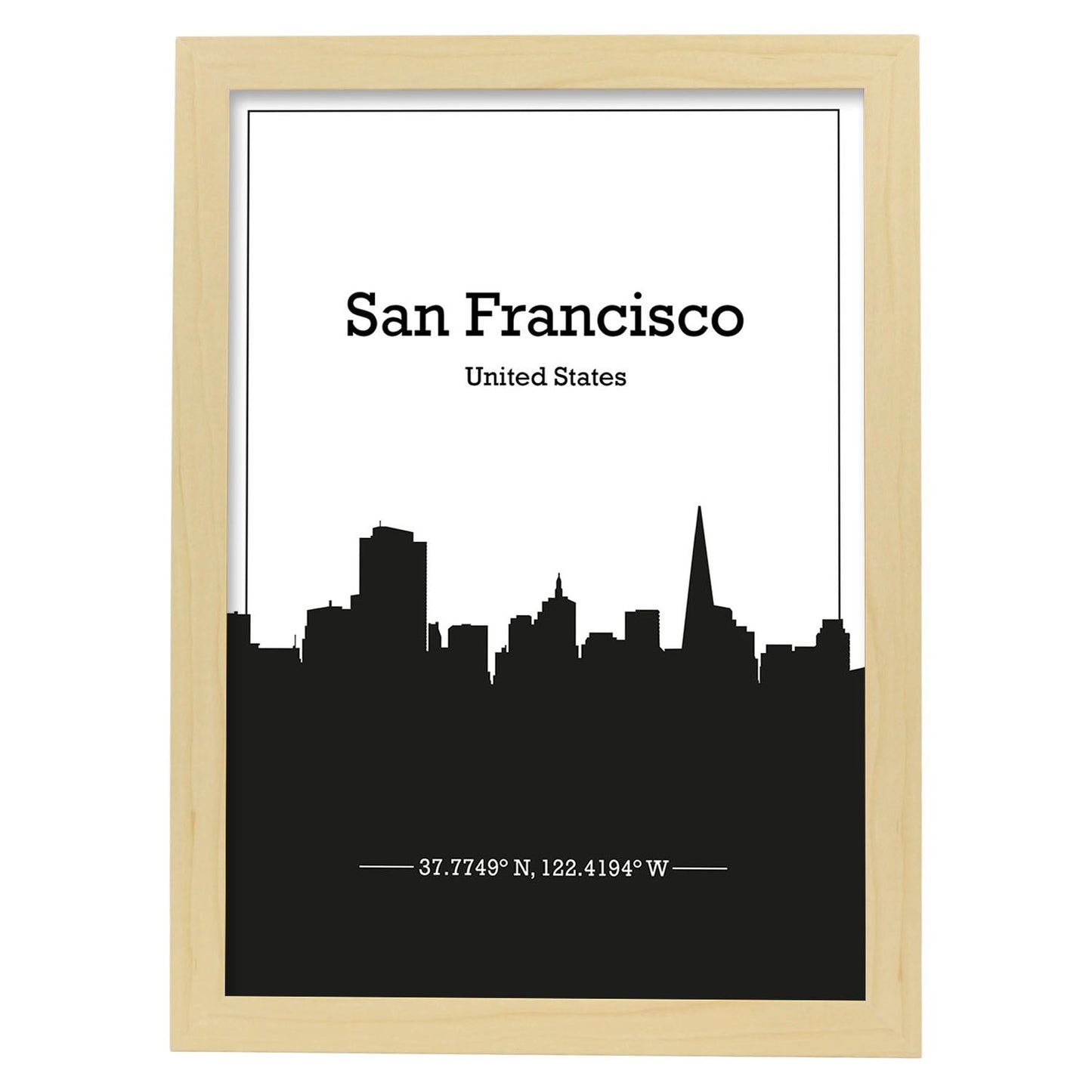 Poster con mapa de Sanfrancisco - USA. Láminas con Skyline de ciudades de Estados Unidos, Canada, Mexico con sombra negra.-Artwork-Nacnic-A3-Marco Madera clara-Nacnic Estudio SL