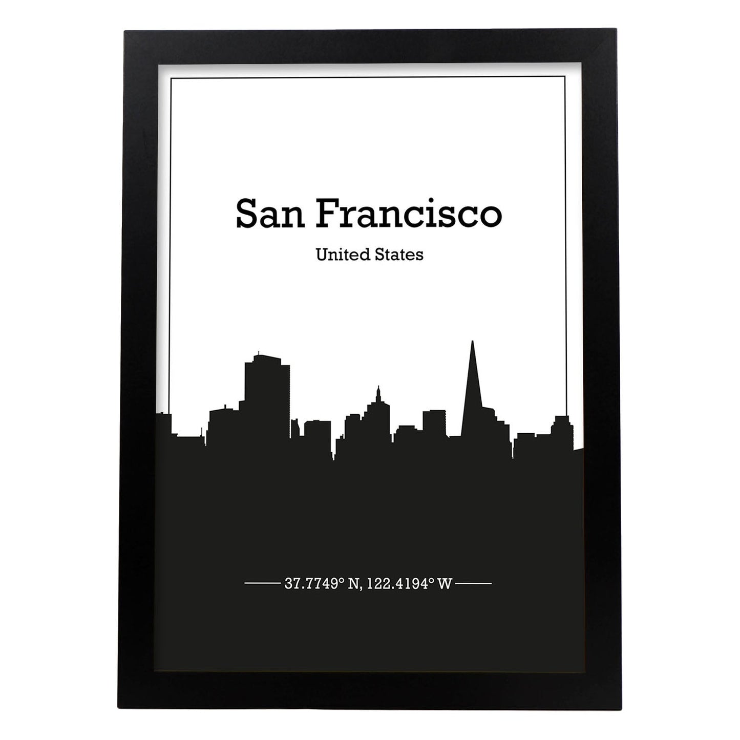 Poster con mapa de Sanfrancisco - USA. Láminas con Skyline de ciudades de Estados Unidos, Canada, Mexico con sombra negra.-Artwork-Nacnic-A3-Marco Negro-Nacnic Estudio SL