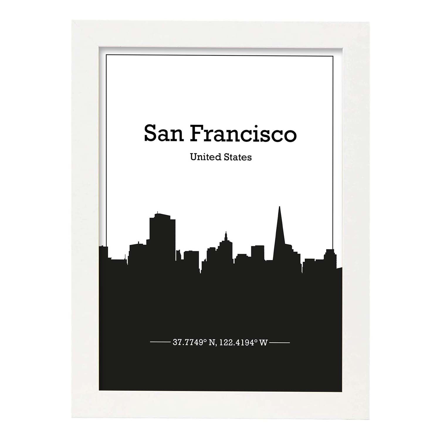 Poster con mapa de Sanfrancisco - USA. Láminas con Skyline de ciudades de Estados Unidos, Canada, Mexico con sombra negra.-Artwork-Nacnic-A4-Marco Blanco-Nacnic Estudio SL