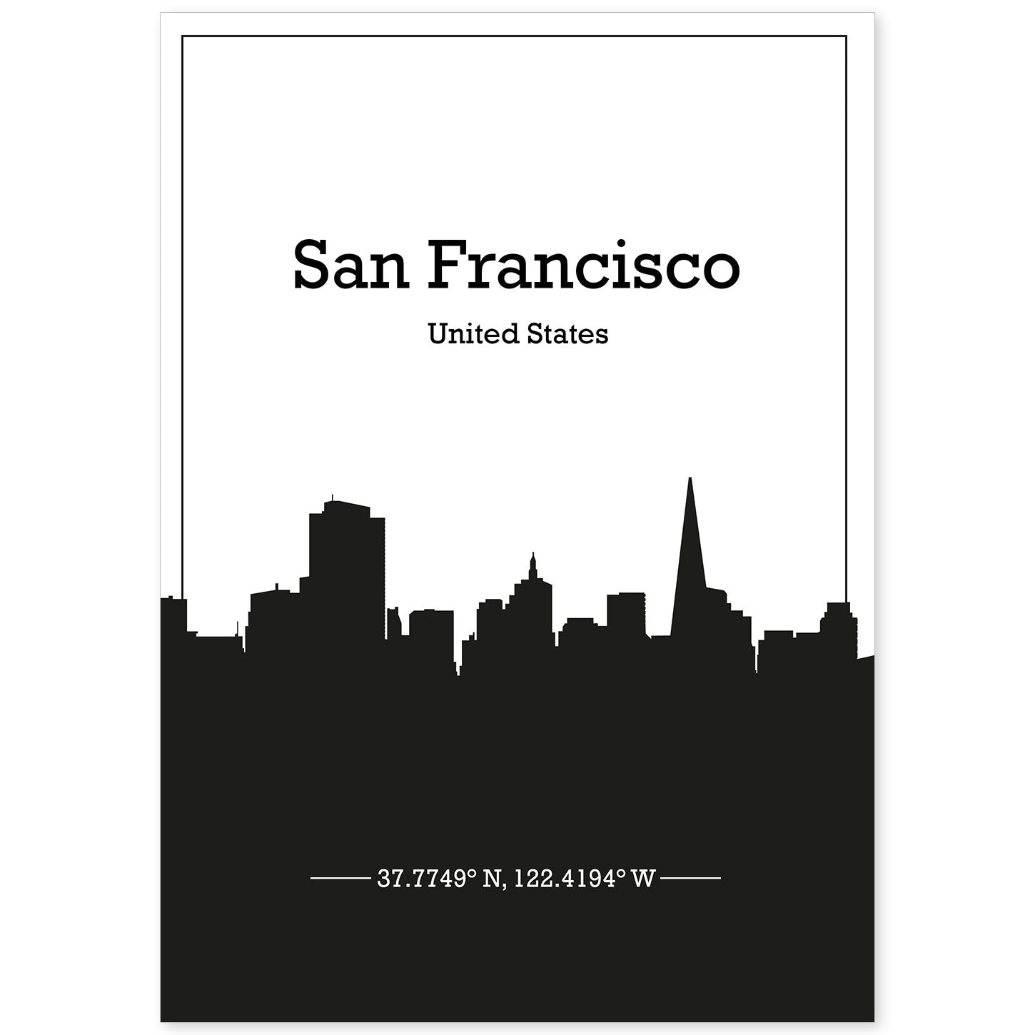 Poster con mapa de Sanfrancisco - USA. Láminas con Skyline de ciudades de Estados Unidos, Canada, Mexico con sombra negra.-Artwork-Nacnic-A4-Sin marco-Nacnic Estudio SL