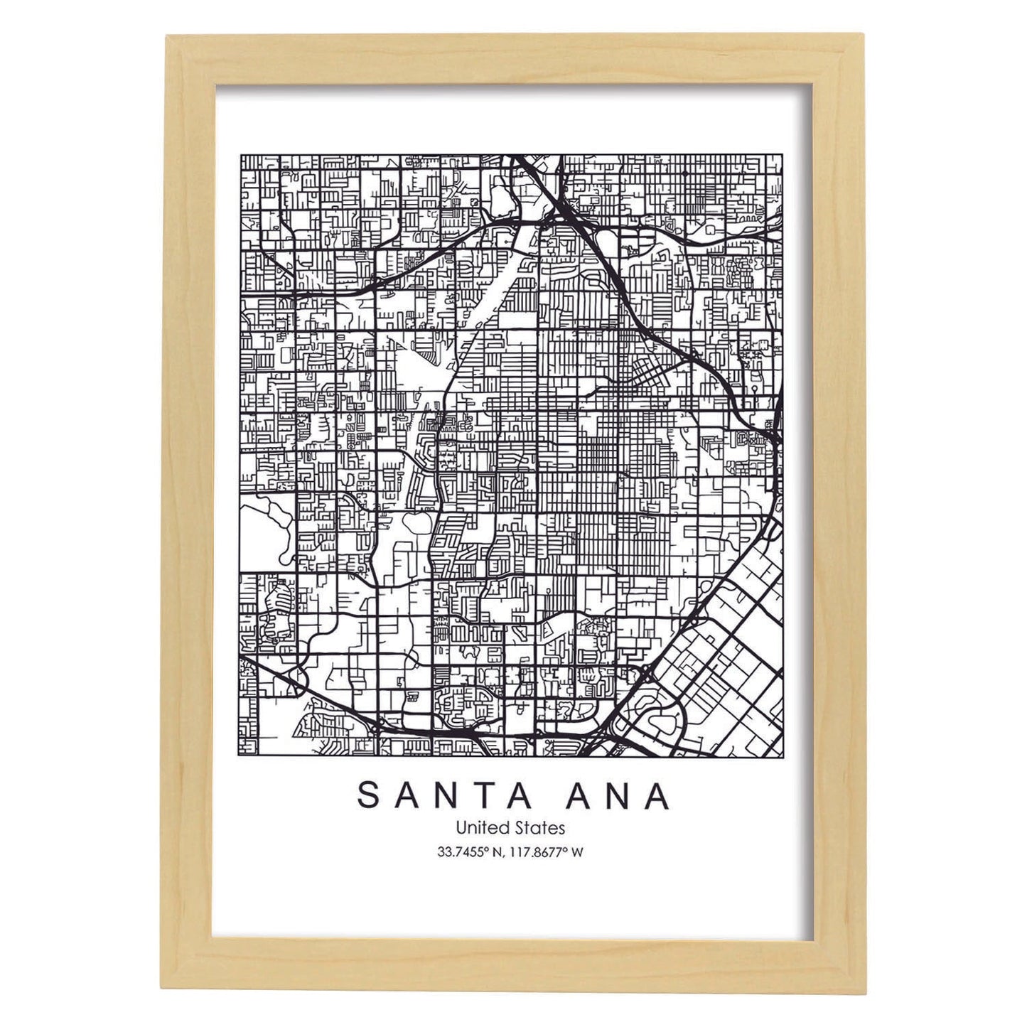 Poster con mapa de Santa Ana. Lámina de Estados Unidos, con imágenes de mapas y carreteras-Artwork-Nacnic-A3-Marco Madera clara-Nacnic Estudio SL