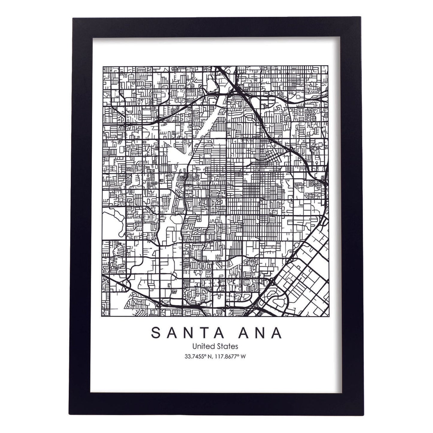 Poster con mapa de Santa Ana. Lámina de Estados Unidos, con imágenes de mapas y carreteras-Artwork-Nacnic-A3-Marco Negro-Nacnic Estudio SL