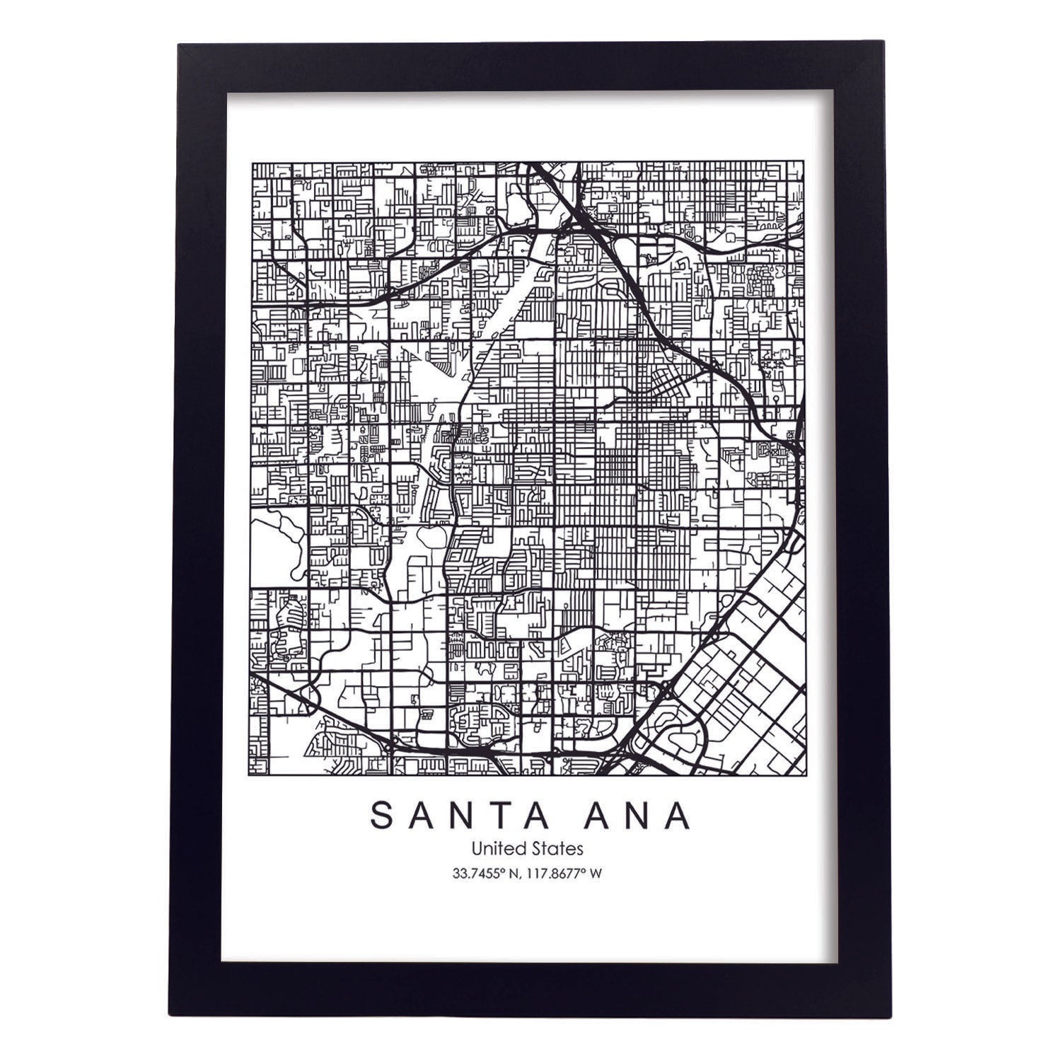 Poster con mapa de Santa Ana. Lámina de Estados Unidos, con imágenes de mapas y carreteras-Artwork-Nacnic-A4-Marco Negro-Nacnic Estudio SL