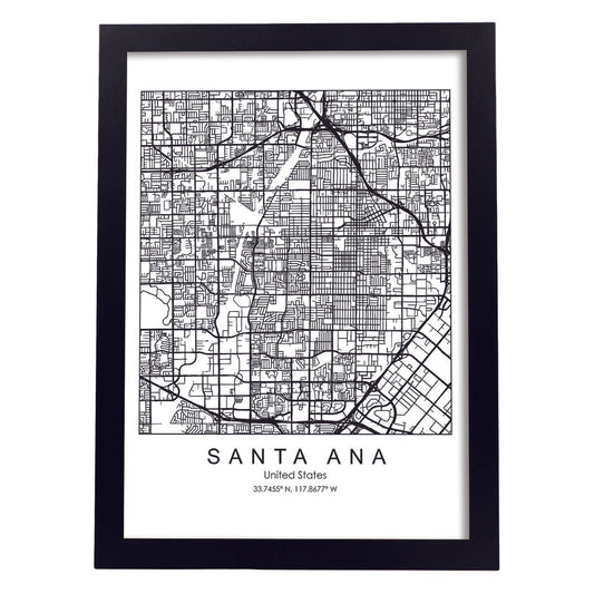 Poster con mapa de Santa Ana. Lámina de Estados Unidos, con imágenes de mapas y carreteras-Artwork-Nacnic-A4-Marco Negro-Nacnic Estudio SL