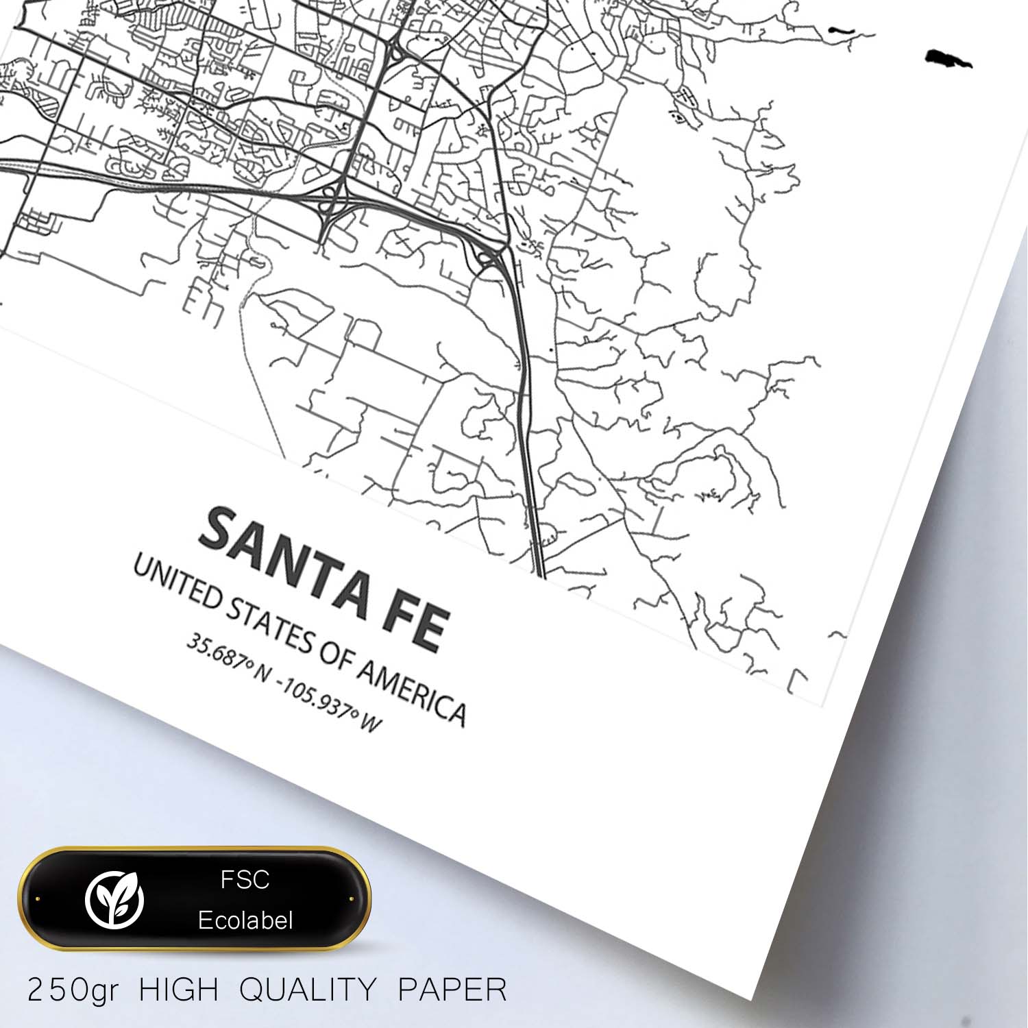 Poster con mapa de Santa Fe - USA. Láminas de ciudades de Estados Unidos con mares y ríos en color negro.-Artwork-Nacnic-Nacnic Estudio SL