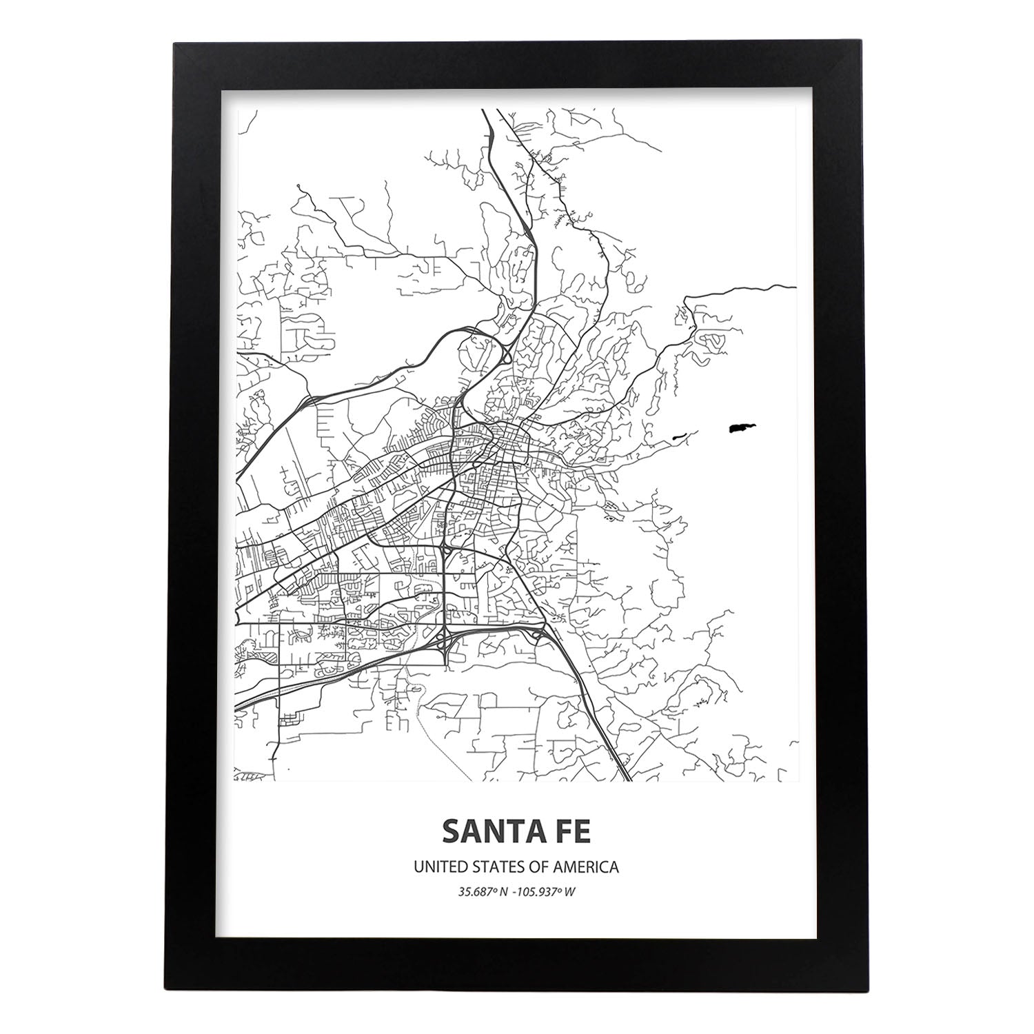 Poster con mapa de Santa Fe - USA. Láminas de ciudades de Estados Unidos con mares y ríos en color negro.-Artwork-Nacnic-A3-Marco Negro-Nacnic Estudio SL