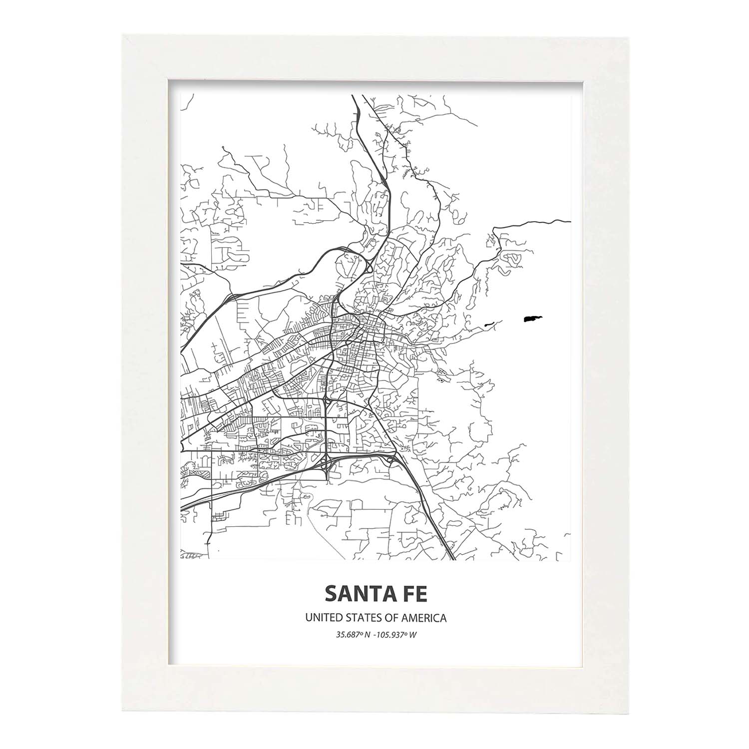 Poster con mapa de Santa Fe - USA. Láminas de ciudades de Estados Unidos con mares y ríos en color negro.-Artwork-Nacnic-A4-Marco Blanco-Nacnic Estudio SL