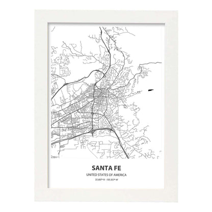 Poster con mapa de Santa Fe - USA. Láminas de ciudades de Estados Unidos con mares y ríos en color negro.-Artwork-Nacnic-A4-Marco Blanco-Nacnic Estudio SL