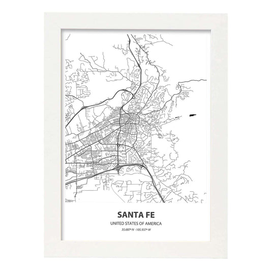 Poster con mapa de Santa Fe - USA. Láminas de ciudades de Estados Unidos con mares y ríos en color negro.-Artwork-Nacnic-A4-Marco Blanco-Nacnic Estudio SL