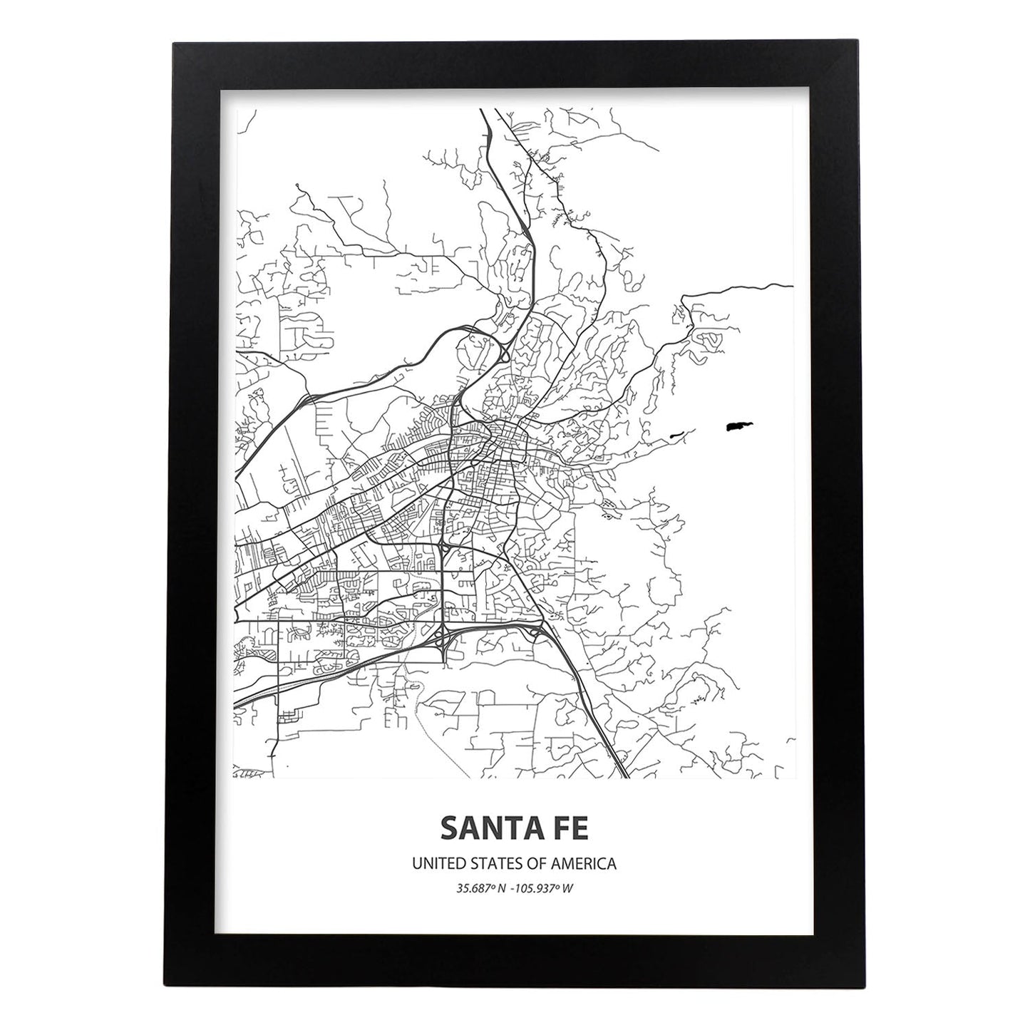 Poster con mapa de Santa Fe - USA. Láminas de ciudades de Estados Unidos con mares y ríos en color negro.-Artwork-Nacnic-A4-Marco Negro-Nacnic Estudio SL