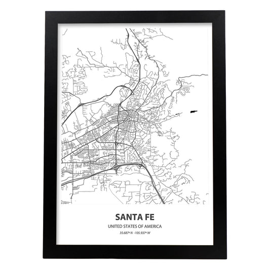 Poster con mapa de Santa Fe - USA. Láminas de ciudades de Estados Unidos con mares y ríos en color negro.-Artwork-Nacnic-A4-Marco Negro-Nacnic Estudio SL