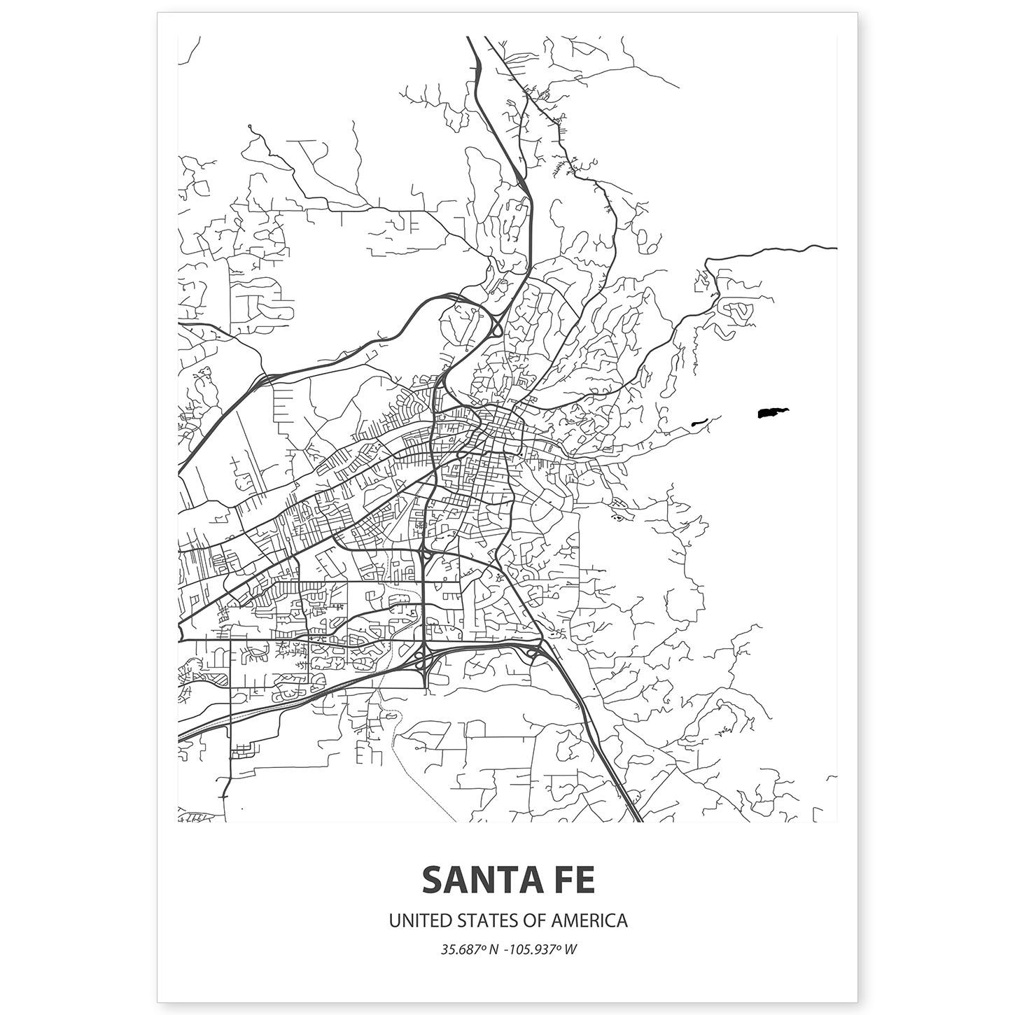 Poster con mapa de Santa Fe - USA. Láminas de ciudades de Estados Unidos con mares y ríos en color negro.-Artwork-Nacnic-A4-Sin marco-Nacnic Estudio SL