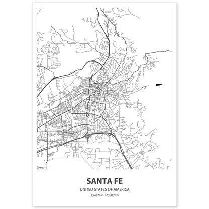 Poster con mapa de Santa Fe - USA. Láminas de ciudades de Estados Unidos con mares y ríos en color negro.-Artwork-Nacnic-A4-Sin marco-Nacnic Estudio SL
