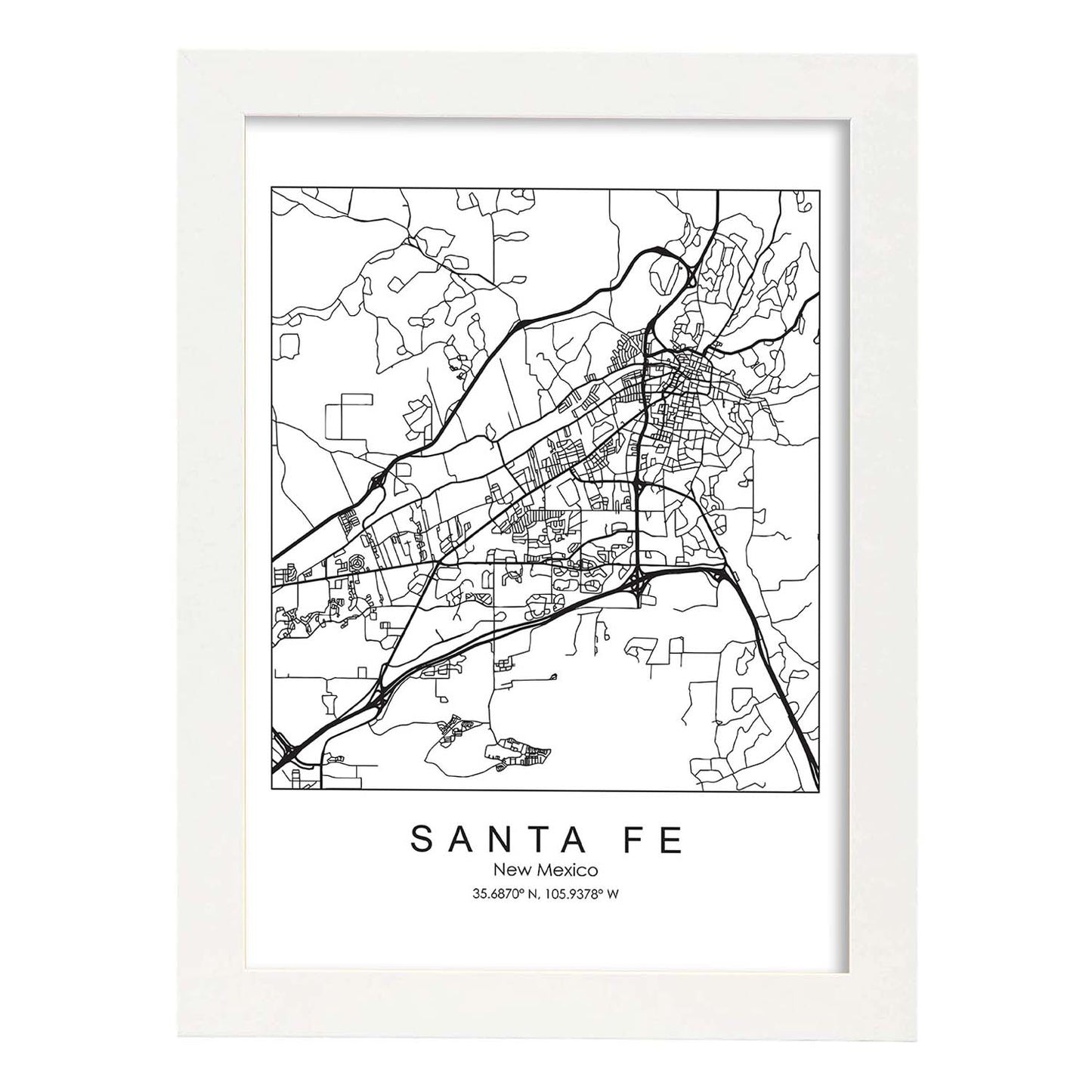 Poster con mapa de Santa Fe. Lámina de Estados Unidos, con imágenes de mapas y carreteras-Artwork-Nacnic-A3-Marco Blanco-Nacnic Estudio SL