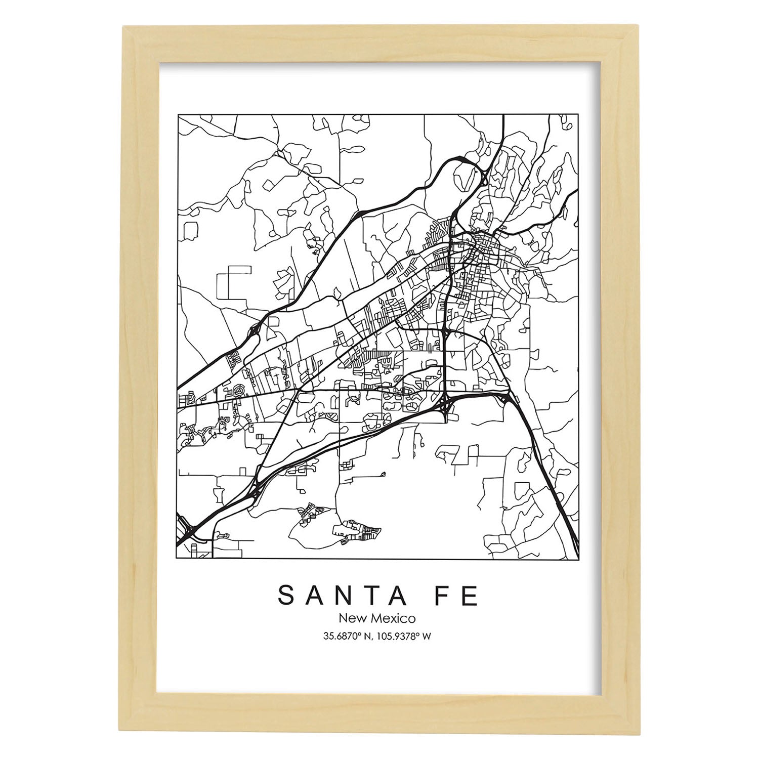 Poster con mapa de Santa Fe. Lámina de Estados Unidos, con imágenes de mapas y carreteras-Artwork-Nacnic-A3-Marco Madera clara-Nacnic Estudio SL