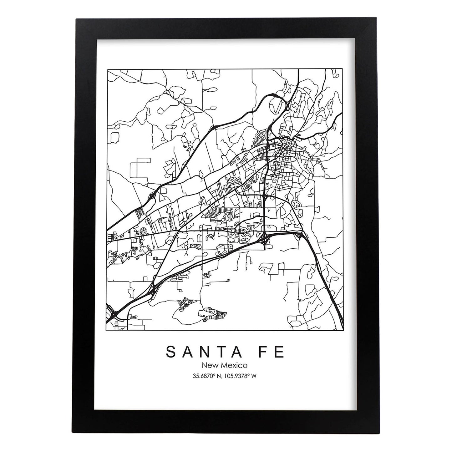 Poster con mapa de Santa Fe. Lámina de Estados Unidos, con imágenes de mapas y carreteras-Artwork-Nacnic-A3-Marco Negro-Nacnic Estudio SL
