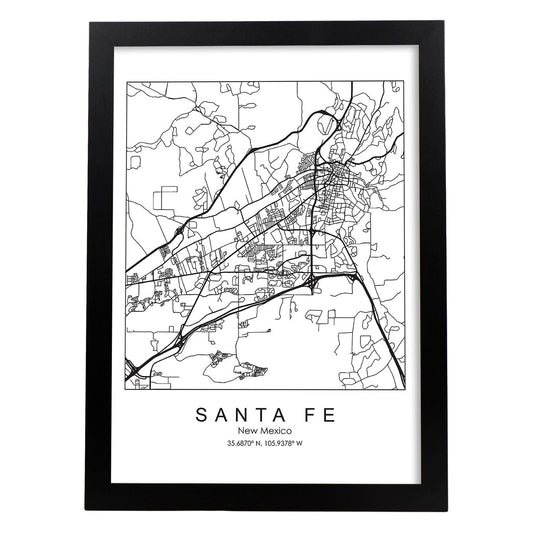 Poster con mapa de Santa Fe. Lámina de Estados Unidos, con imágenes de mapas y carreteras-Artwork-Nacnic-A4-Marco Negro-Nacnic Estudio SL