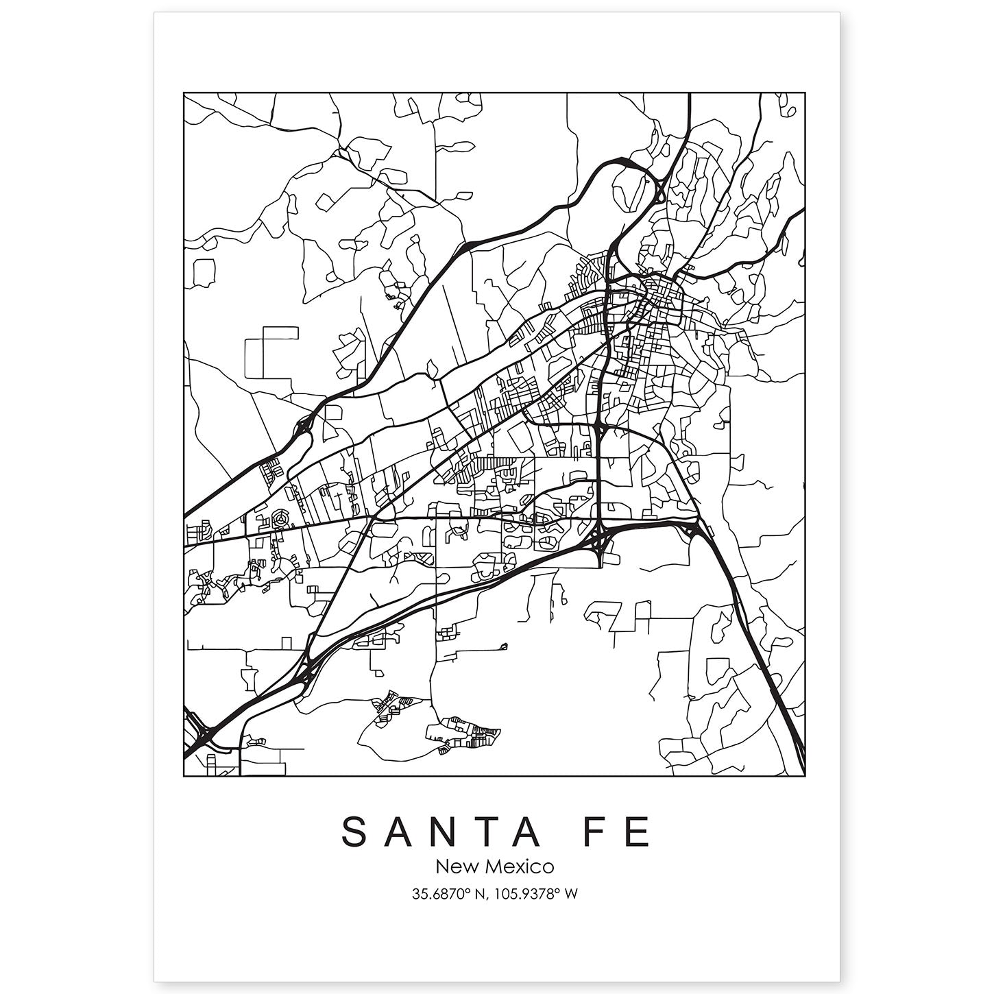 Poster con mapa de Santa Fe. Lámina de Estados Unidos, con imágenes de mapas y carreteras-Artwork-Nacnic-A4-Sin marco-Nacnic Estudio SL