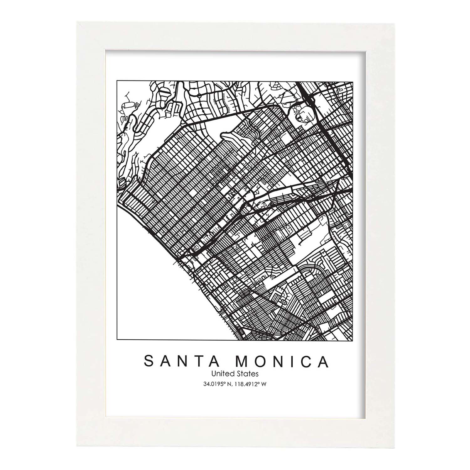 Poster con mapa de Santa Monica. Lámina de Estados Unidos, con imágenes de mapas y carreteras-Artwork-Nacnic-A3-Marco Blanco-Nacnic Estudio SL