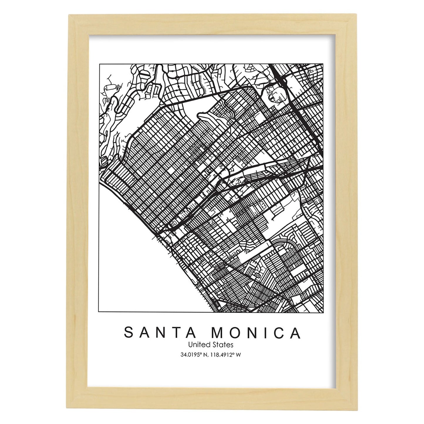 Poster con mapa de Santa Monica. Lámina de Estados Unidos, con imágenes de mapas y carreteras-Artwork-Nacnic-A3-Marco Madera clara-Nacnic Estudio SL