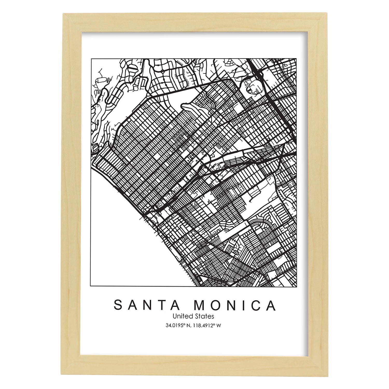 Poster con mapa de Santa Monica. Lámina de Estados Unidos, con imágenes de mapas y carreteras-Artwork-Nacnic-A3-Marco Madera clara-Nacnic Estudio SL