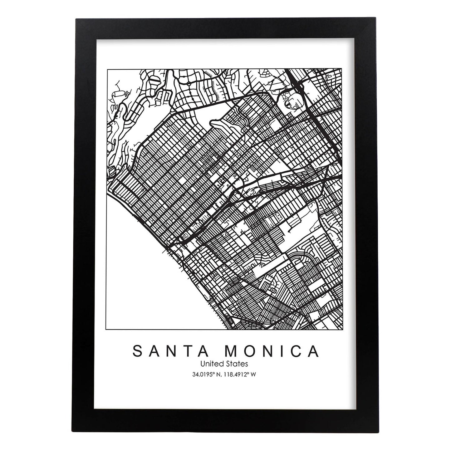 Poster con mapa de Santa Monica. Lámina de Estados Unidos, con imágenes de mapas y carreteras-Artwork-Nacnic-A3-Marco Negro-Nacnic Estudio SL