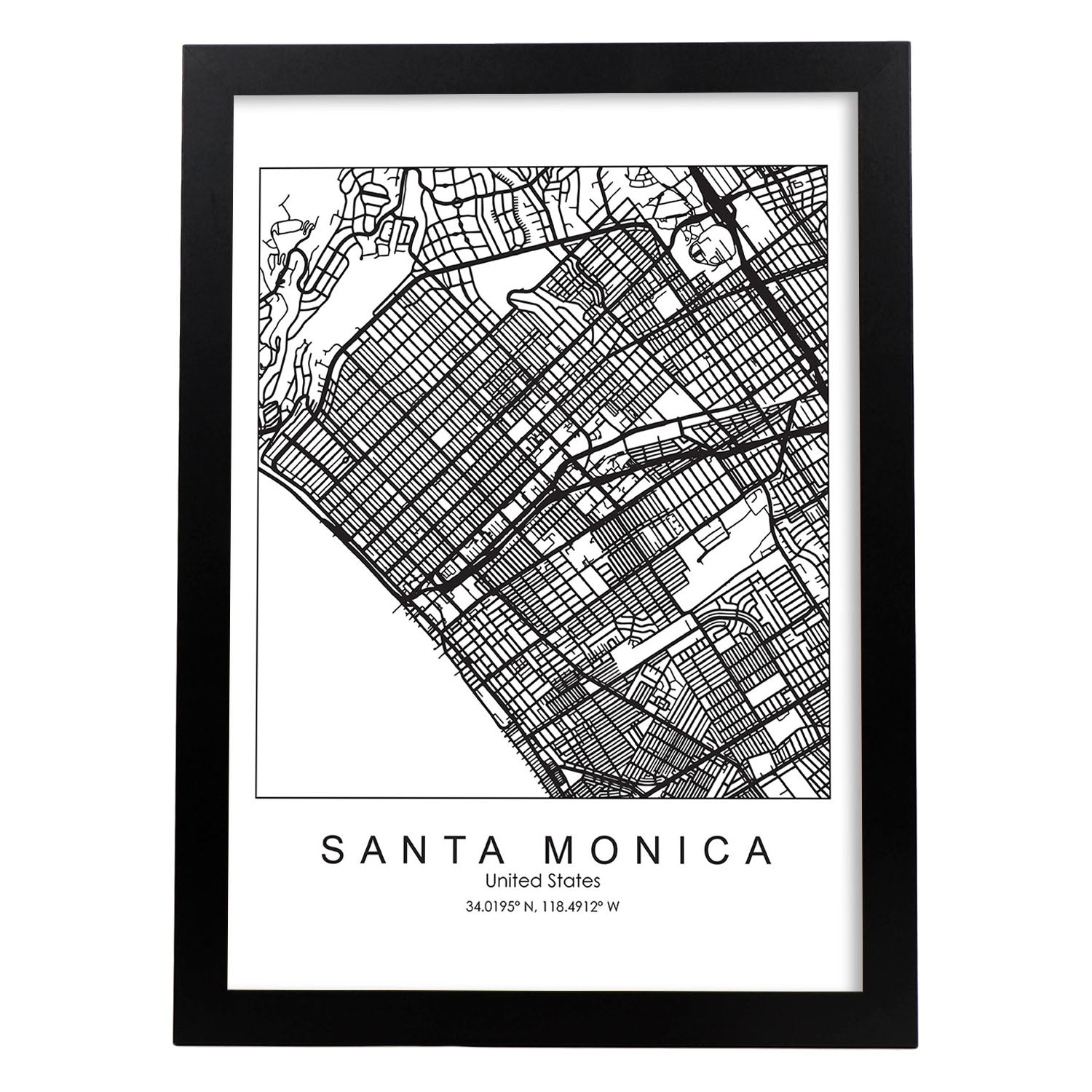 Poster con mapa de Santa Monica. Lámina de Estados Unidos, con imágenes de mapas y carreteras-Artwork-Nacnic-A4-Marco Negro-Nacnic Estudio SL