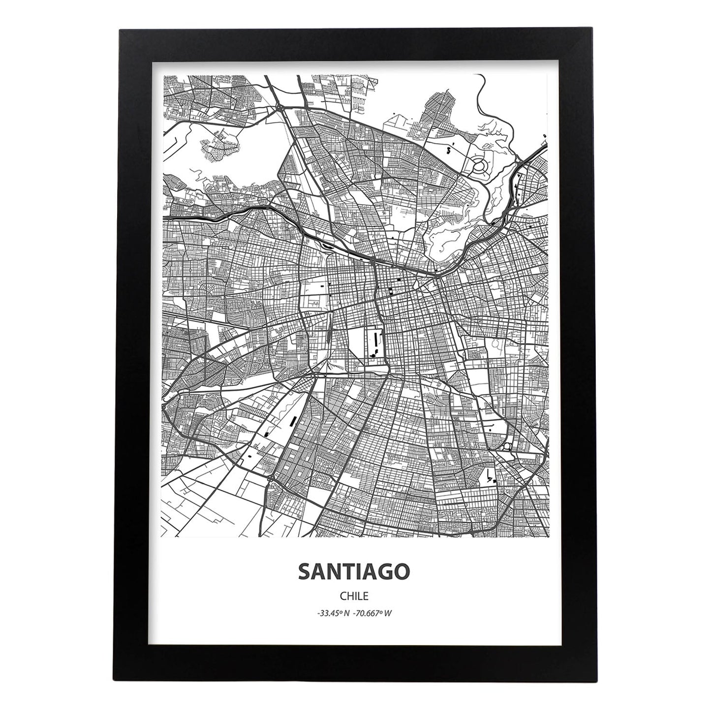Poster con mapa de Santiago - Chile. Láminas de ciudades de Latinoamérica con mares y ríos en color negro.-Artwork-Nacnic-A3-Marco Negro-Nacnic Estudio SL