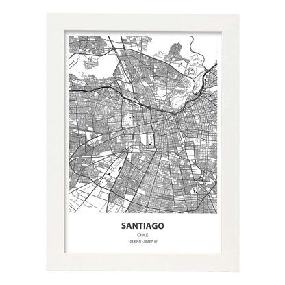 Poster con mapa de Santiago - Chile. Láminas de ciudades de Latinoamérica con mares y ríos en color negro.-Artwork-Nacnic-A4-Marco Blanco-Nacnic Estudio SL