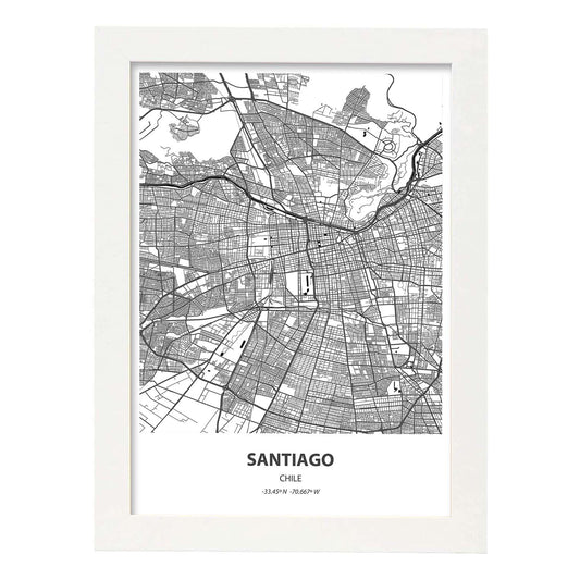 Poster con mapa de Santiago - Chile. Láminas de ciudades de Latinoamérica con mares y ríos en color negro.-Artwork-Nacnic-A4-Marco Blanco-Nacnic Estudio SL