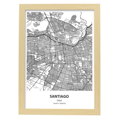 Poster con mapa de Santiago - Chile. Láminas de ciudades de Latinoamérica con mares y ríos en color negro.-Artwork-Nacnic-A4-Marco Madera clara-Nacnic Estudio SL