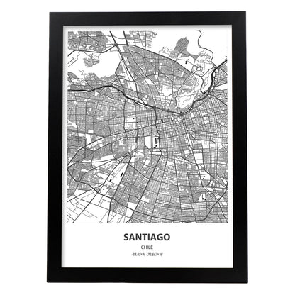 Poster con mapa de Santiago - Chile. Láminas de ciudades de Latinoamérica con mares y ríos en color negro.-Artwork-Nacnic-A4-Marco Negro-Nacnic Estudio SL
