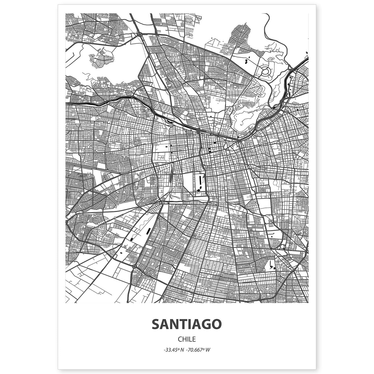 Poster con mapa de Santiago - Chile. Láminas de ciudades de Latinoamérica con mares y ríos en color negro.-Artwork-Nacnic-A4-Sin marco-Nacnic Estudio SL