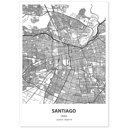 Poster con mapa de Santiago - Chile. Láminas de ciudades de Latinoamérica con mares y ríos en color negro.-Artwork-Nacnic-A4-Sin marco-Nacnic Estudio SL